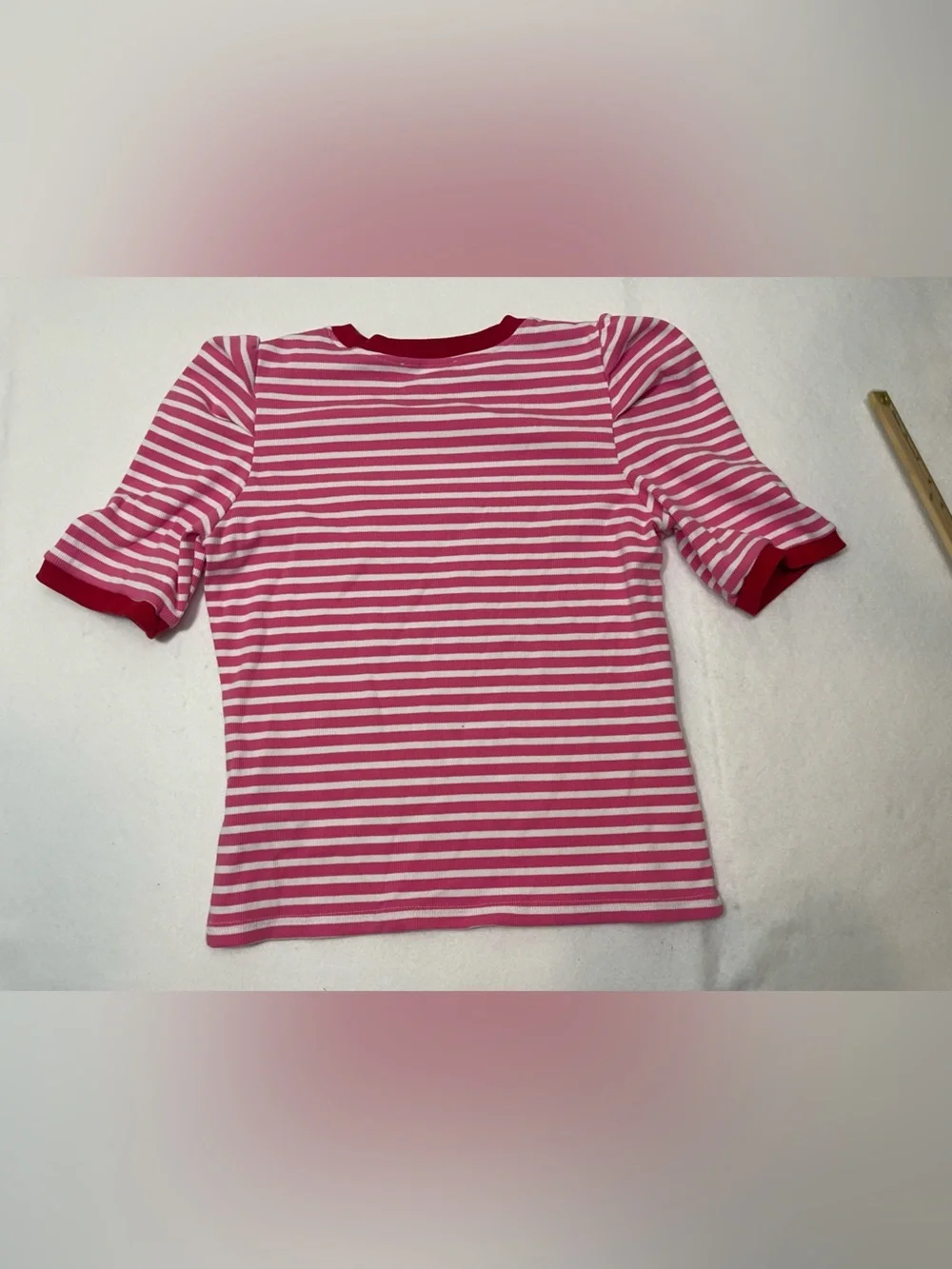 Rebecca Minkoff Pink White Striped Puff Sleeve Ribbed Knit Top Size Large